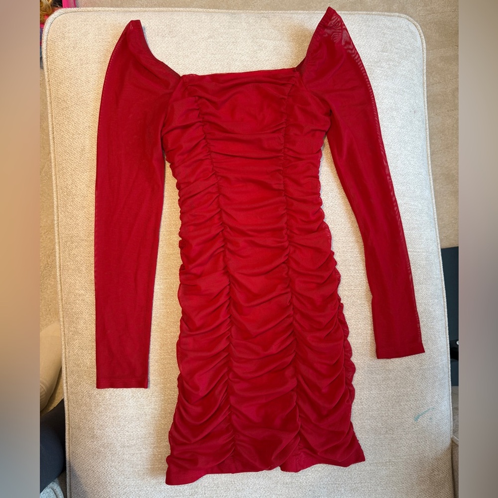 Leith Red Long Sleeve Ruched Dress
